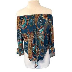 Womens Voll Teal Paisley Blouse Sz 3XL Tie Front Knot Flared 3/4 Sleeve Boutique